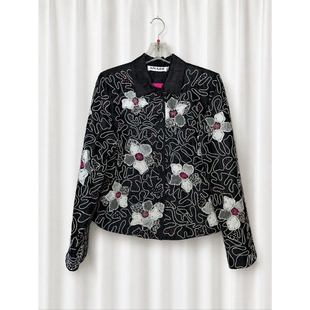Anage Vintage Black Silk Beaded Embroidered Floral Cropped Statement Jacket